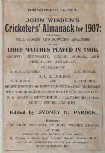JOHN WISDEN'S CRICKETERS' ALMANACK for 1907: rebound from title page to p.510 and incorporating the photographic plate "FIVE CRICKETERS OF THE YEAR"; half red calf over cloth-covered boards, blank end-papers, gilt titles to spine.  Provenance: The family,
