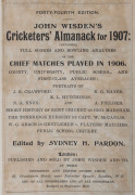 JOHN WISDEN'S CRICKETERS' ALMANACK for 1907: rebound from title page to p.510 and incorporating the photographic plate "FIVE CRICKETERS OF THE YEAR"; half red calf over cloth-covered boards, blank end-papers, gilt titles to spine.  Provenance: The family,