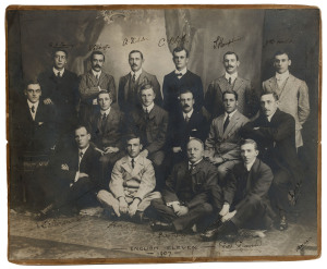 THE ENGLISH TEAM IN AUSTRALIA 1907-08 An original photograph by Talma & Co. showing all sixteen members of the touring party, titled "ENGLISH ELEVEN 1907" and signed by all, including Gunn, Hobbs, Hardstaff, Rhodes, Crawford and Fielder. 30 x 37cm (laid down on card).Australia won the Test Series 4-1.