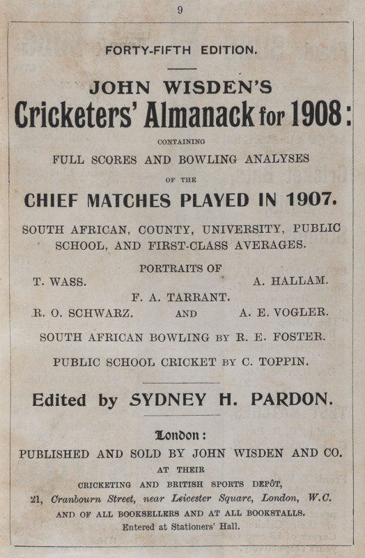 JOHN WISDEN'S CRICKETERS' ALMANACK for 1908: rebound from title page to p.542 and incorporating the photographic plate "FIVE CRICKETERS OF THE YEAR"; half red calf over cloth-covered boards, blank end-papers, gilt titles to spine.  Provenance: The family,