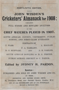 JOHN WISDEN'S CRICKETERS' ALMANACK for 1908: rebound from title page to p.542 and incorporating the photographic plate "FIVE CRICKETERS OF THE YEAR"; half red calf over cloth-covered boards, blank end-papers, gilt titles to spine.  Provenance: The family,