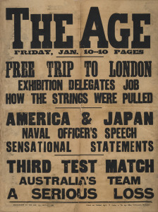 THIRD TEST, Adelaide January 1908: "The Age" Newspaper banner for the edition of January 10th advertsing coverage of the "THIRD TEST MATCH - AUSTRALIA'S TEAM - A SERIOUS LOSS"; mounted, framed & glazed; overall 87 x 61cm (the poster: 66 x 48.5cm).