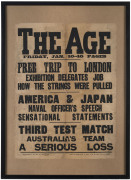 THIRD TEST, Adelaide January 1908: "The Age" Newspaper banner for the edition of January 10th advertsing coverage of the "THIRD TEST MATCH - AUSTRALIA'S TEAM - A SERIOUS LOSS"; mounted, framed & glazed; overall 87 x 61cm (the poster: 66 x 48.5cm). - 2