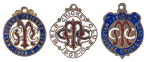 MELBOURNE CRICKET CLUB, 1908-9 membership badge, made by Stokes, (No. 1712); 1909-10 by Stokes (No.512) & 1910-11 by P.J. King (No.3624). (3).