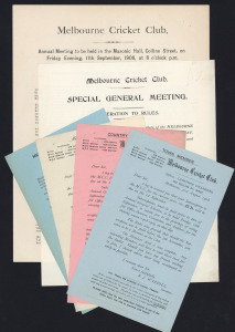 MELBOURNE CRICKET CLUB: 1908 Official documents, comprising of:- i) 31st August, 1908 Notice of the Annual General Meeting; ii) The Financial Statement and Advance Report submitted to the meeting; iii) A notice of a Special General Meeting to consider thr