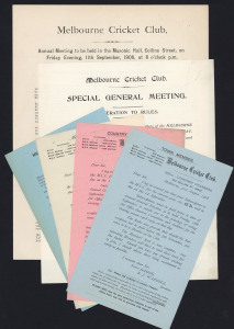 MELBOURNE CRICKET CLUB: 1908 Official documents, comprising of:- i) 31st August, 1908 Notice of the Annual General Meeting; ii) The Financial Statement and Advance Report submitted to the meeting; iii) A notice of a Special General Meeting to consider three alterations to the rules; iv) Three subscription renewal notices for a Town Member, a Country Member and a Junior Member. (6 items).