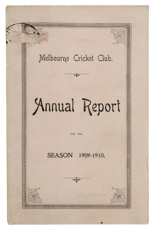 'Melbourne Cricket Club, Annual Report, For the Season 1909-10.' [Melbourne; Mason, Firth & M'Cutcheon, 1910] 140pp, with original pale pink covers. Includes a full report on all activities, match reports, averages, a complete list of members, etc."The Fo