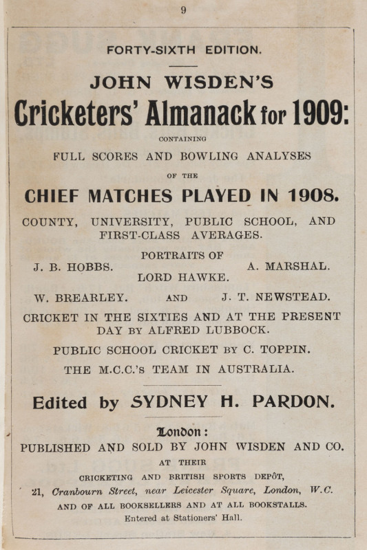 JOHN WISDEN'S CRICKETERS' ALMANACK for 1909: rebound from title page to p.536 and incorporating the photographic plate "FIVE CRICKETERS OF THE YEAR" (which included Hobbs and Lord Hawke of England); half red calf over cloth-covered boards, blank end-paper