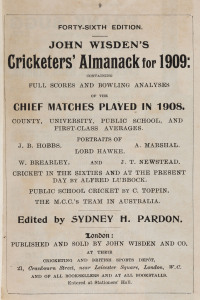 JOHN WISDEN'S CRICKETERS' ALMANACK for 1909: rebound from title page to p.536 and incorporating the photographic plate "FIVE CRICKETERS OF THE YEAR" (which included Hobbs and Lord Hawke of England); half red calf over cloth-covered boards, blank end-paper
