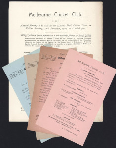 MELBOURNE CRICKET CLUB: 1909 Official documents, comprising of:-i) 31st August, 1909 Notice of the Annual General Meeting;ii) The Financial Statement and Advance Report submitted to the meeting;iii) Three subscription renewal notices for a Town Member, a 