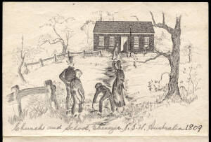 LETTERSHEETS: c1860 folded letter-sheets (2) with beautifully printed scenes engraved by "Wyllie" - titled and dated in manuscript "Church and School, Ebenezer N.S.W. Australia 1809" (depicting children arriving at school) & "Early Settlers, Ebenezer, N.S