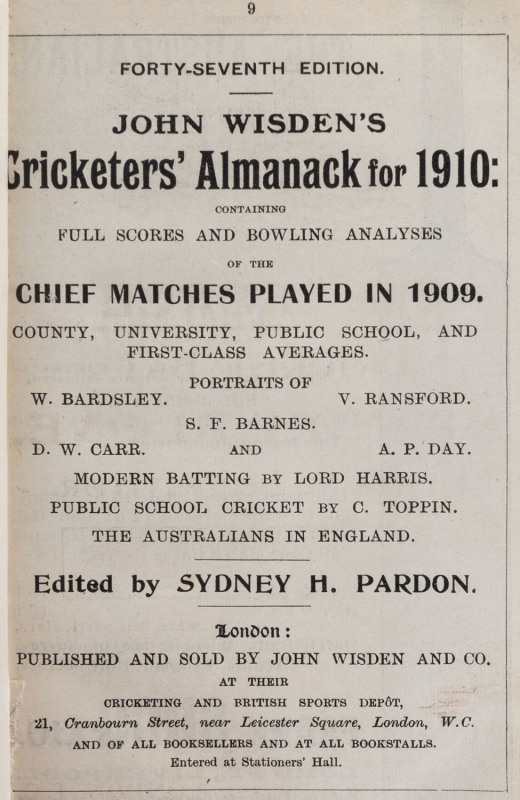 JOHN WISDEN'S CRICKETERS' ALMANACK for 1910: rebound from title page to p.516 and incorporating the photographic plate "FIVE CRICKETERS OF THE YEAR" (which included Warren Bardsley and Vern Ransford of Australia); half red calf over cloth-covered boards,