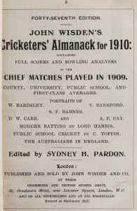 JOHN WISDEN'S CRICKETERS' ALMANACK for 1910: rebound from title page to p.516 and incorporating the photographic plate "FIVE CRICKETERS OF THE YEAR" (which included Warren Bardsley and Vern Ransford of Australia); half red calf over cloth-covered boards, 