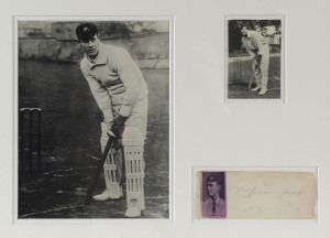VICTOR TRUMPER, original autograph in pencil, mounted together with tow images of the batsman at the wicket in his Australian Test Team cap and whites. Framed & glazed; overall 35 x 44.5cm.