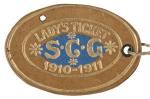 SYDNEY CRICKET GROUND: Lady's Ticket 1910-11 tan leather, with a central blue field and gilt embossed lettering on the front, with printed details on reverse for ticket holder No.2064, "ONE LADY ONLY Once each day". Superb condition and extremely rare.