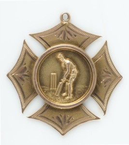 Victorian Junior Cricket Association: 1911-12 Winners Medallion in 9ct gold: engraved on reverse "V.J.C.A. 2nd Grade - Won by Fitzroy F.C.C. - G. SHAW - Season 1911-12"