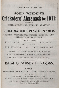 JOHN WISDEN'S CRICKETERS' ALMANACK for 1911: rebound from title page to p.532 and incorporating the photographic plate "FIVE CRICKETERS OF THE YEAR"; half red calf over cloth-covered boards, blank end-papers, gilt titles to spine.  Provenance: The family,