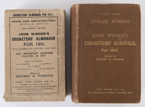 WISDENS: 1911 soft-cover edition (complete, but with defective spine and insect damage to cover), 1913 hard-cover edition (good condition but lacking the John Wisden plate), 2002 hard-cover with d/j and 2013 hard-cover with d/j. (4 volumes).