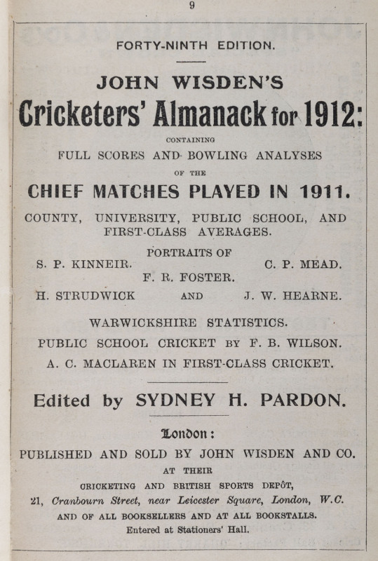 JOHN WISDEN'S CRICKETERS' ALMANACK for 1912: rebound from title page to p.548 and incorporating the photographic plate "FIVE CRICKETERS OF THE YEAR" (which included Trumble and Gregory of Australia); half red calf over cloth-covered boards, blank end-pape