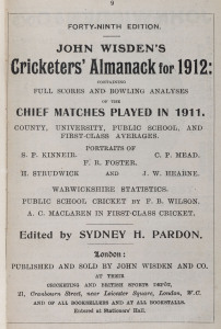 JOHN WISDEN'S CRICKETERS' ALMANACK for 1912: rebound from title page to p.548 and incorporating the photographic plate "FIVE CRICKETERS OF THE YEAR" (which included Trumble and Gregory of Australia); half red calf over cloth-covered boards, blank end-pape