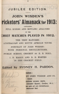 JOHN WISDEN'S CRICKETERS' ALMANACK for 1913: rebound from title page to p.586 and incorporating the photographic plate "WISDEN"; half red calf over cloth-covered boards, blank end-papers, gilt titles to spine.  Provenance: The family, by descent from the 