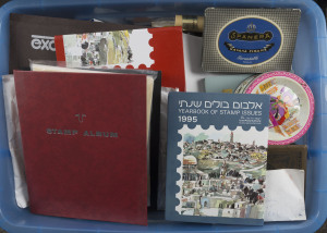 REST OF THE WORLD - General & Miscellaneous Lots: Glory Box including Australia pre-decimal low values in bulk, decimal PSEs & aerogrammes mostly unused, Paintings specimen packs (4), Australia Post 'product', world stamps in 'junior' albums, packets & biscuit tins, China few 1985-86 issues MUH in stockbook, Israel 1997 year book, and much, much more. Housed in large crate, so a huge quantity to work through. (many 1000s)