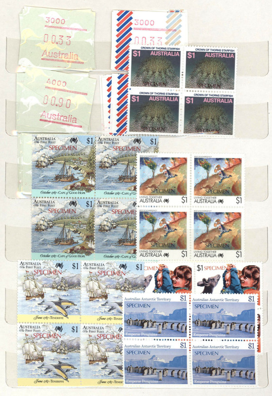 COMMONWEALTH OF AUSTRALIA: Decimal Issues: 1980s-90s issues in stockbook, lots of multiples, including some specimen blocks of 4 to $5; the total FV of $200+ includes some postally valid Territories but excludes the specimen overprint blocks. (few 100s)