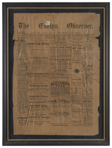 VICTORIA - Postal History: Framed (220x292mm) copy of the Evelyn Observer (Feb 3, 1893, faults) with faded &frac12;d pink tied by discernible strike of BN '328', adjacent is a largely fine strike of unframed 'YARRA GLEN/FE6/93' datestamp; lots of interesting ar