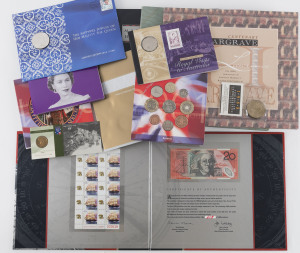 Coins & Banknotes: General & Miscellaneous Lots: Balance of a Consignment with Australia 1993 Eminent Women $10 Banknote & pane of 25 stamps (black serial no, retail $130), 1994 $20 Hargrave Centenary (black serial no, retail $150), 1996 $5 Thirty Years of Decimal Currency & pane of 10 stamps (black serial number, retail $120), 1998 $20 Maritime Heritage & pane of 10 stamps x2 (red & black serial nos, retail $365); also coins packs with 1988 $5 Parliament House, 2012 QEII Diamond Jubilee stamp