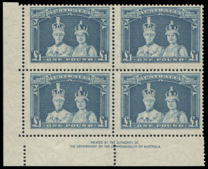 COMMONWEALTH OF AUSTRALIA: Other Pre-Decimals: 1937-49 (SG.178a) £1 Thin Paper Robes Authority imprint block of 4 BW:217z with "Extra vertical perfs" (not aligned) in the imprint selvedge, fresh MUH, Cat.$850 plus premium for the perforation variety.