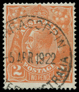 COMMONWEALTH OF AUSTRALIA: KGV Heads - Single Watermark: 2d Orange WATERMARK INVERTED, one nibbed perf at the top, plus a normal comparison stamp in a different shade, both stamps with very fine BURRACOPPIN (WA) '5APR1922' datestamps. A most attractive ex