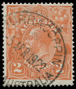 COMMONWEALTH OF AUSTRALIA: KGV Heads - Single Watermark: 2d Orange WATERMARK INVERTED, one nibbed perf at the top, plus a normal comparison stamp in a different shade, both stamps with very fine BURRACOPPIN (WA) '5APR1922' datestamps. A most attractive ex - 3