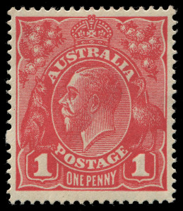 COMMONWEALTH OF AUSTRALIA: KGV Heads - Single Watermark: 1d Bright Red Smooth Paper G11 Die II, excellent centring with full perfs & rich colour, fresh mint. Rare combination of a scarce shade and sought-after variety BW:71B(1)i - $1250. Brandon Certific