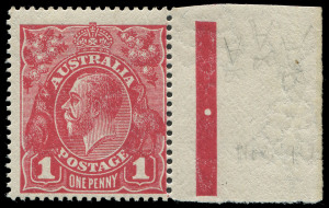 COMMONWEALTH OF AUSTRALIA: KGV Heads - Large Multiple Watermark: 1d Deep Carmine-Rose WATERMARK INVERTED, centred to lower-right as always found. Lovely fresh marginal MUH example, BW:74Ba - $4500+. Unmounted examples are seldom encountered.