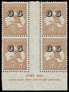 COMMONWEALTH OF AUSTRALIA: Kangaroos - CofA Watermark: 6d Chestnut optd 'OS' Ash 'N' over 'A' imprint block of 4 BW #23(OS)4z, unlisted imprint flaw Sliced 'A', 'S', 'R' & 'A' of 'AUSTRALIAN', mild crease on selvedge only, lower units MUH, Cat $750+.