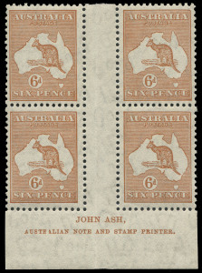 COMMONWEALTH OF AUSTRALIA: Kangaroos - CofA Watermark: 6d Chestnut Ash N over A imprint block of 4, uniformly toned gum, left-side units faint bend, MUH, BW:23(4)z - $500.