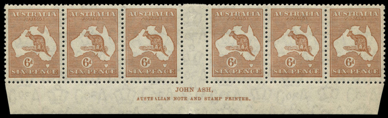 COMMONWEALTH OF AUSTRALIA: Kangaroos - CofA Watermark: 6d Pale Chestnut Ash N over A imprint strip of 6, mild uniformly toned gum, well centred with full perfs, MLH, BW: 22(4)z - $400 (as an imprint block of 4).