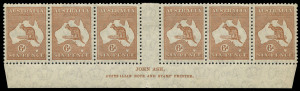 COMMONWEALTH OF AUSTRALIA: Kangaroos - CofA Watermark: 6d Pale Chestnut Ash N over A imprint strip of 6, mild uniformly toned gum, well centred with full perfs, MLH, BW: 22(4)z - $400 (as an imprint block of 4).