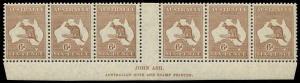 COMMONWEALTH OF AUSTRALIA: Kangaroos - Small Multiple Watermark: 6d Chestnut Ash N over A imprint strip of 6, mild uniformly toned gum, well centred with full perfs, MLH, BW:22(4)z - $400 (as an imprint block of 4).