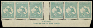 COMMONWEALTH OF AUSTRALIA: Kangaroos - Small Multiple Watermark: 1/- Blue-Green Ash N over A imprint strip of 6, row of skipped perfs at top, well-centred with full perfs, mild uniformly toned gum, MLH, BW:34(4)z - $900 (as an imprint block of 4)