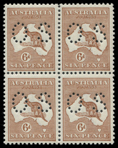 COMMONWEALTH OF AUSTRALIA: Kangaroos - Third Watermark: 6d Chestnut (Die IIB) perforated OS block of 4, well centred with full perfs, very fresh MUH. Premium multiple, BW:21ba - $600+.