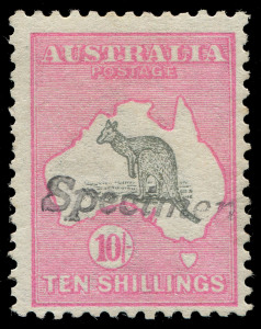 COMMONWEALTH OF AUSTRALIA: Kangaroos - First Watermark: 10/- Grey & Pink with Type A "Specimen" handstamp, regummed, BW:47x - $750 (as mint hinged).