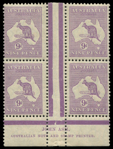 COMMONWEALTH OF AUSTRALIA: Kangaroos - Small Multiple Watermark: 9d Violet Plate 4 Ash N over N imprint block of 4 with Die II Substitution at [R49], right-hand units well centred, uniformly toned gum, MUH, BW:28(4)z - $1500 (as mounted mint).