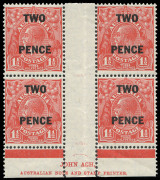 COMMONWEALTH OF AUSTRALIA: KGV Heads - Small Multiple Watermark Perf 13½ x 12½: 2d on 1½d Scarlet Ash N over N Imprint block of 4 with overprint variety "Sliced O of TWO" [3&4L60], few perf separations at base, fresh MUH, BW:101(3)za&f.