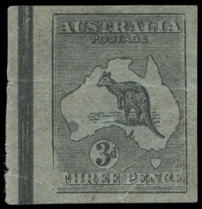 COMMONWEALTH OF AUSTRALIA: Kangaroos - First Watermark: 3d Die I Imperforate Plate Proof in black on ungummed, unwatermarked, blue wove paper marginal example with jubilee line at left, an almost complete impression without the usual creasing. Brusden White state "Approximately 40 survive", BW:12PP(1)A - $1250.