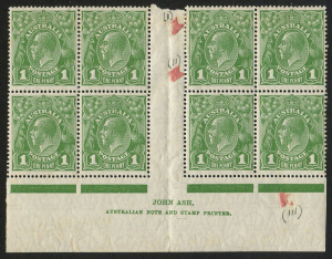 COMMONWEALTH OF AUSTRALIA: KGV Heads - Small Multiple Watermark Perf 14: 1d Green Ash N over N imprint block of 8 with varieties "Ferns", "RA joined/retouched" & "Roo's tongue out" faint gum bend top right-hand units, mild uniform gum tone, indicator arrows remnants attached to selvedge only, six units including two of the variety units are MUH, BW:80(4)zb - $175 (as an imprint block of 4).