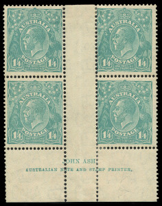 COMMONWEALTH OF AUSTRALIA: KGV Heads - CofA Watermark: 1/4d Turquoise-Blue Ash imprint block of 4 BW #131z, some perf reinforcing mostly at base, fine mint overall, Cat $1000.
