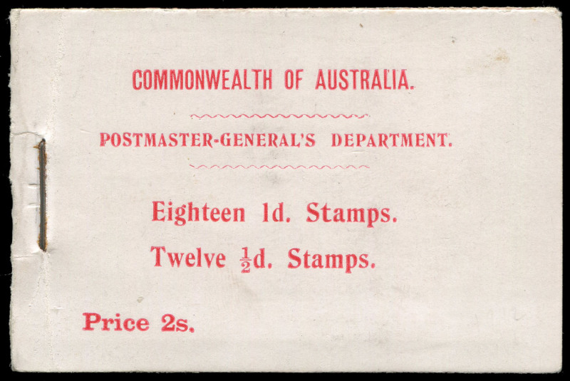 COMMONWEALTH OF AUSTRALIA: Booklets: 1911 (May) State Stamps (Victoria) 2/- red on pink cover containing ½d Bantam block of 12 and 1d pink block of 18 with Printing in red on blue-green on the inside cover, back cover with Revised Text BW:B6(V)D (SG:SB4),
