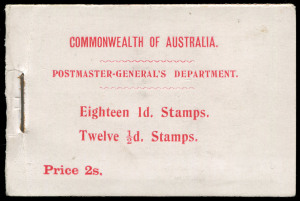 COMMONWEALTH OF AUSTRALIA: Booklets: 1911 (May) State Stamps (Victoria) 2/- red on pink cover containing ½d Bantam block of 12 and 1d pink block of 18 with Printing in red on blue-green on the inside cover, back cover with Revised Text BW:B6(V)D (SG:SB4), stamps in pristine condition with original interleaving intact, Cat. $6000++ (SG Cat. £6000). Superb condition for an early Commonwealth booklet.