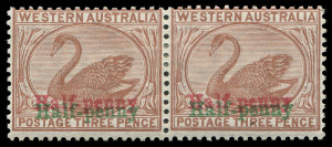 WESTERN AUSTRALIA: 1895 (SG.111b) Surcharged in red and in green 'Half-penny' on 3d red-brown pair, very fine MLH. Elusive multiple, advertised retail $550.